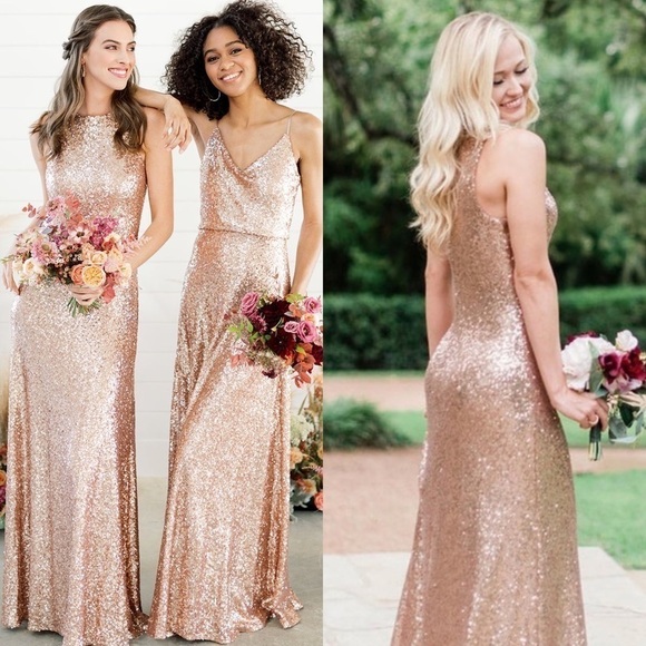 REVELRY ASTIR ROSE GOLD SEQUIN STRETCH SLEEVELESS BRIDESMAID FORMAL GOWN - Picture 2 of 12